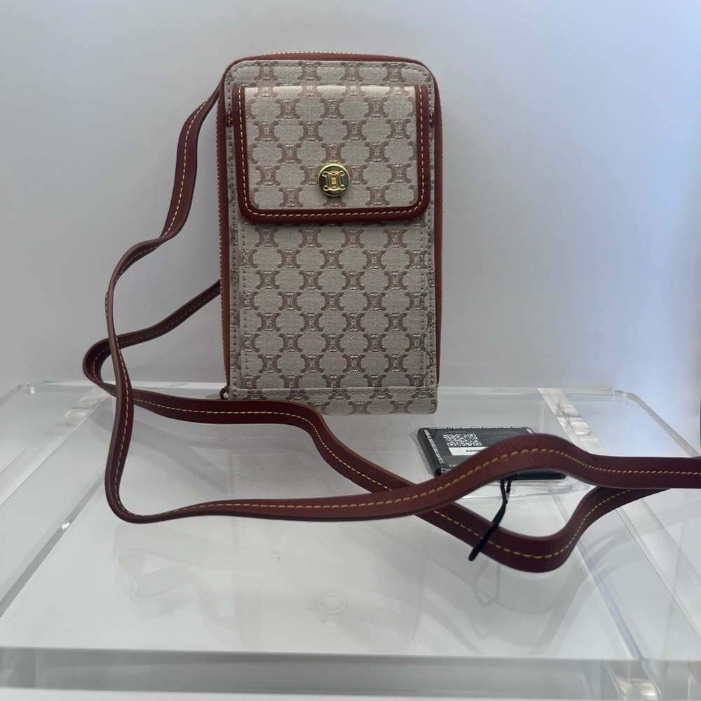 Authentic Celine Beige Jacquard and Brown Trim Crossbody Phone Pouch - Picture 8 of 8